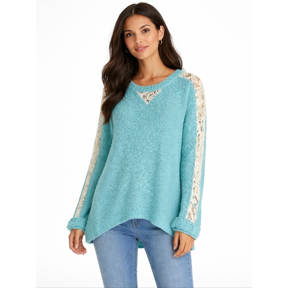 Hayden Los Angeles Aqua Blue/Green Crochet Sweater With Lace Details - NWT
